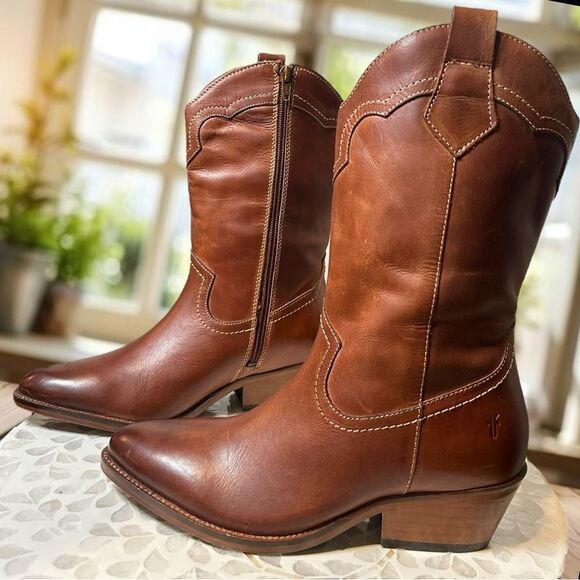 FRYE Nataly Western Leather Inside Zip Tall Cognac - Picture 3 of 12